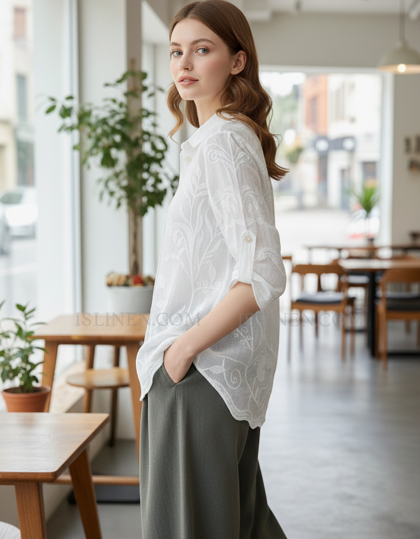 Women’s white embroidered sheer button down shirt side view