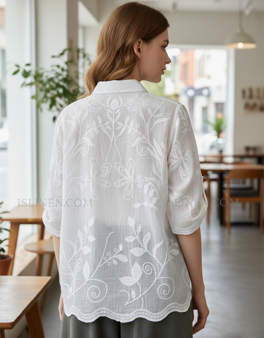 Women’s white embroidered sheer button down shirt back view