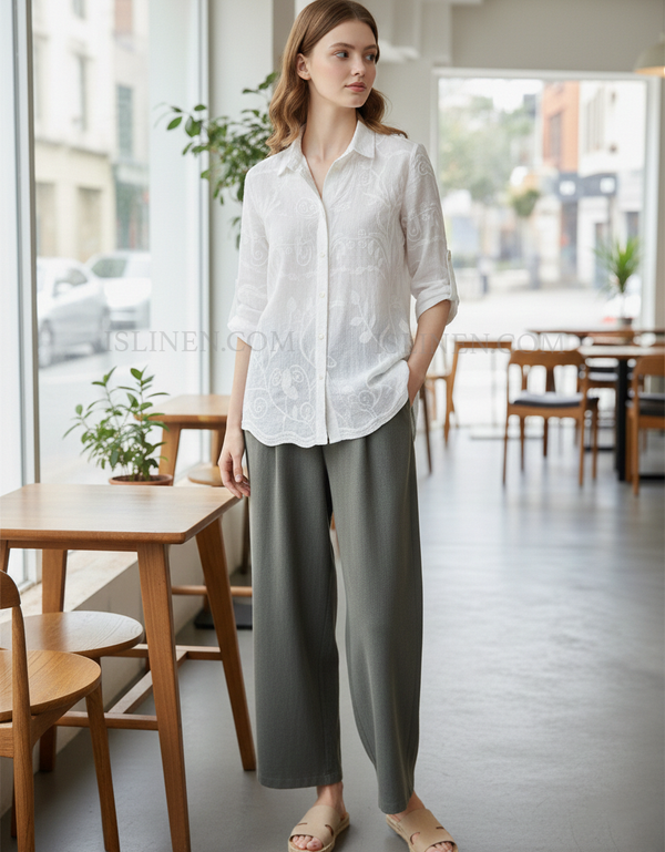 Elegant women’s white button up shirt casual styling
