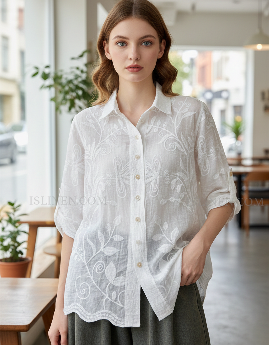Women’s white embroidered sheer button down shirt front view