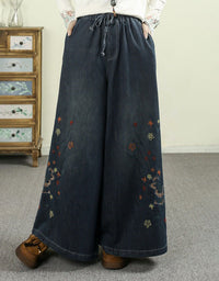 Women's Casual Wide Leg Floral Embroidered Denim Pants