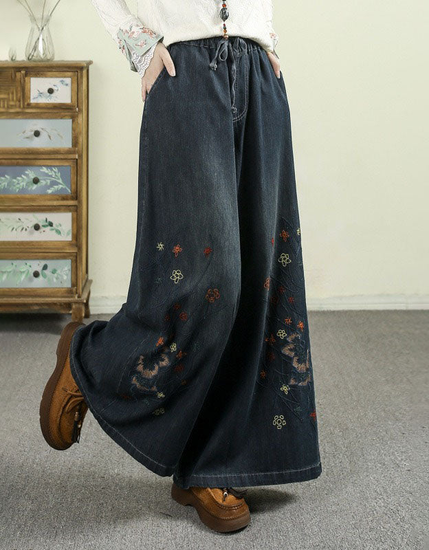 Women's Casual Wide Leg Floral Embroidered Denim Pants
