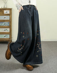 Women's Casual Wide Leg Floral Embroidered Denim Pants