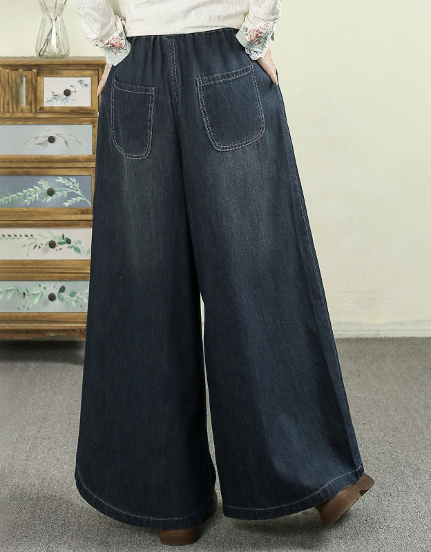 Women's Casual Wide Leg Floral Embroidered Denim Pants