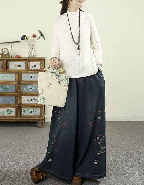 Women's Casual Wide Leg Floral Embroidered Denim Pants
