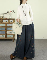 Women's Casual Wide Leg Floral Embroidered Denim Pants