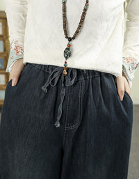 Women's Casual Wide Leg Floral Embroidered Denim Pants