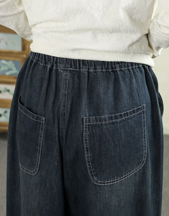 Women's Casual Wide Leg Floral Embroidered Denim Pants