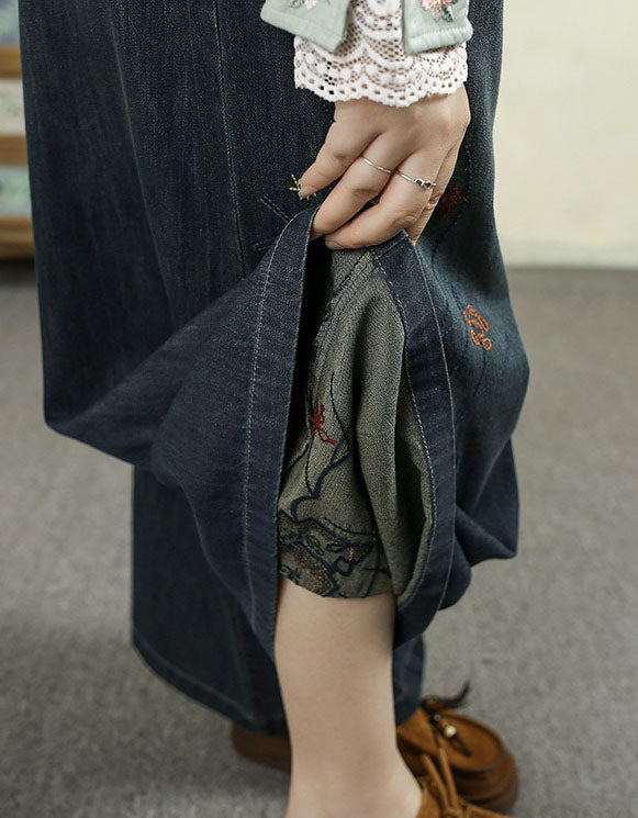 Women's Casual Wide Leg Floral Embroidered Denim Pants