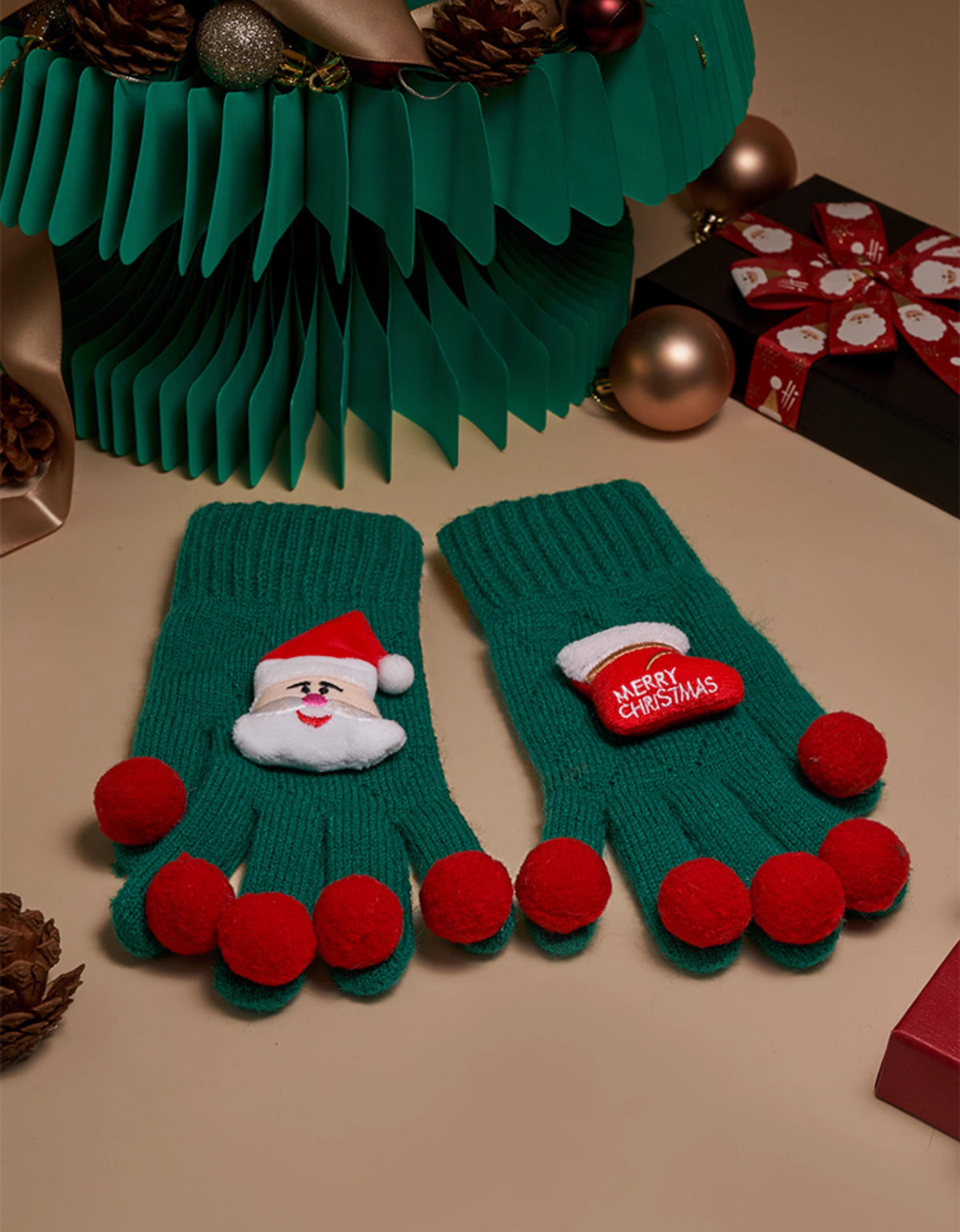 Women's Christmas Cute Reindeer Santa Pattern Knitted Gloves