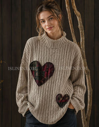 Women's chunky rib knit sweater with plaid heart patches