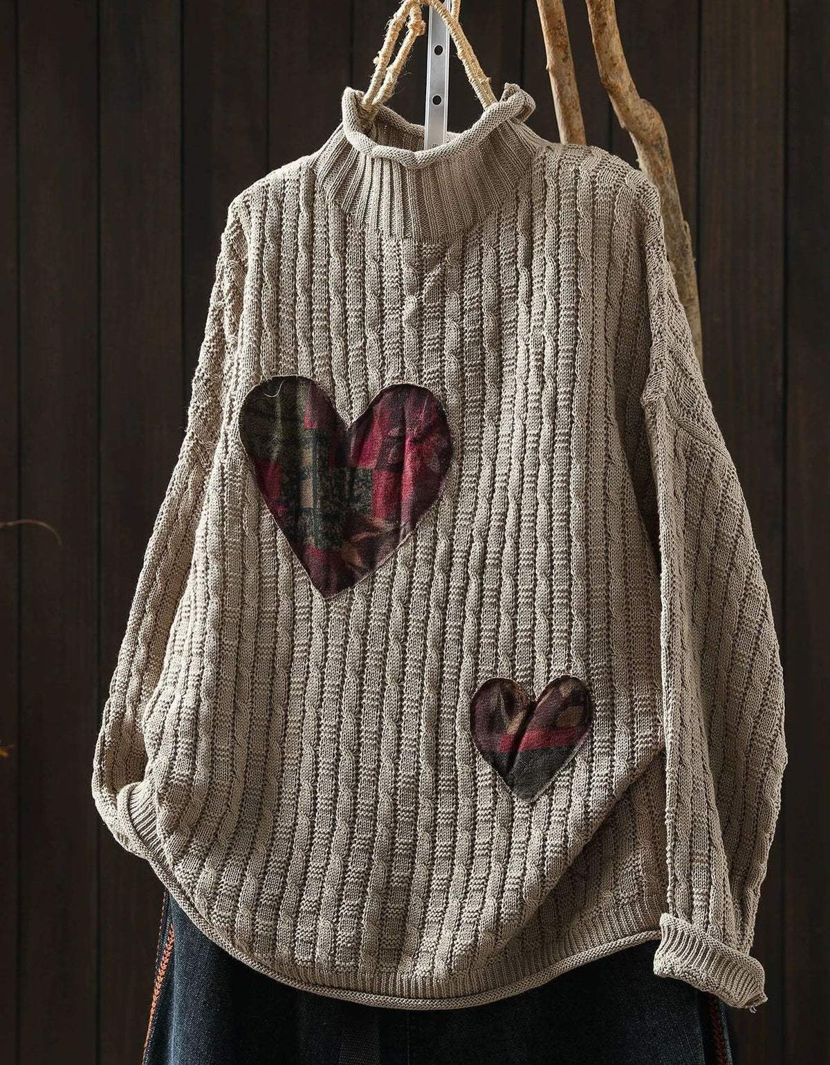Women's beige chunky rib knit sweater with plaid heart patches