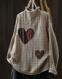 Women's beige chunky rib knit sweater with plaid heart patches