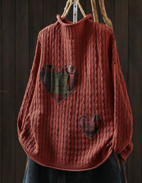 Casual women's sweater with plaid heart appliques