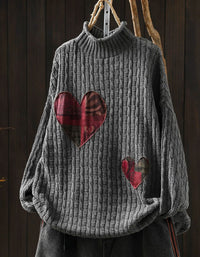 Gray women's rib knit sweater with tartan heart patches