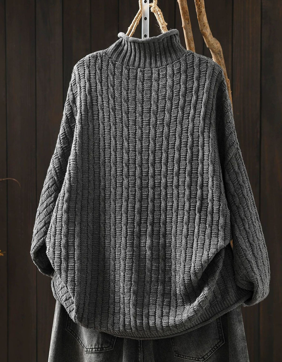 Women's chunky rib knit sweater with plaid heart patches back view