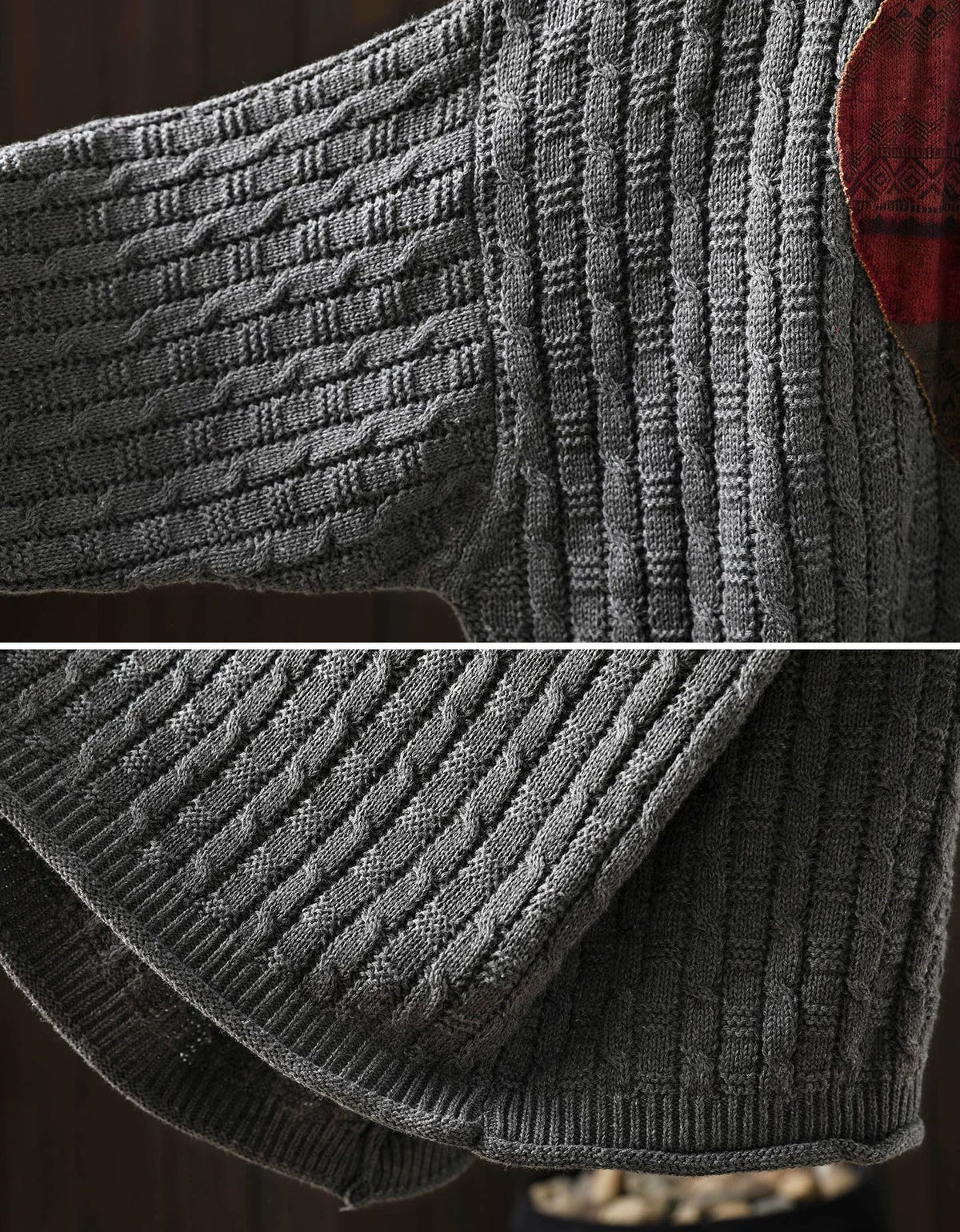 Close-up of plaid heart patch details on women's knit sweater