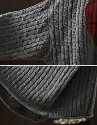 Close-up of plaid heart patch details on women's knit sweater