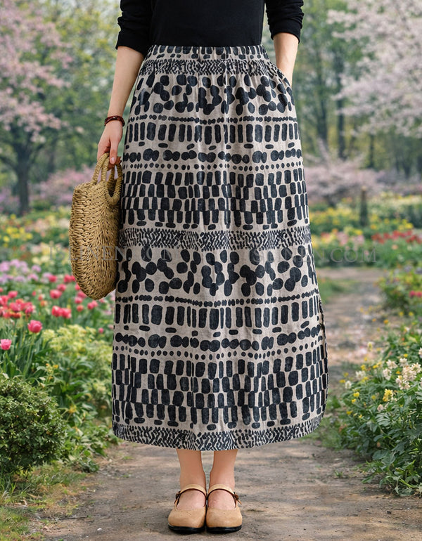 omen wearing a vintage printed midi skirt with elastic waist