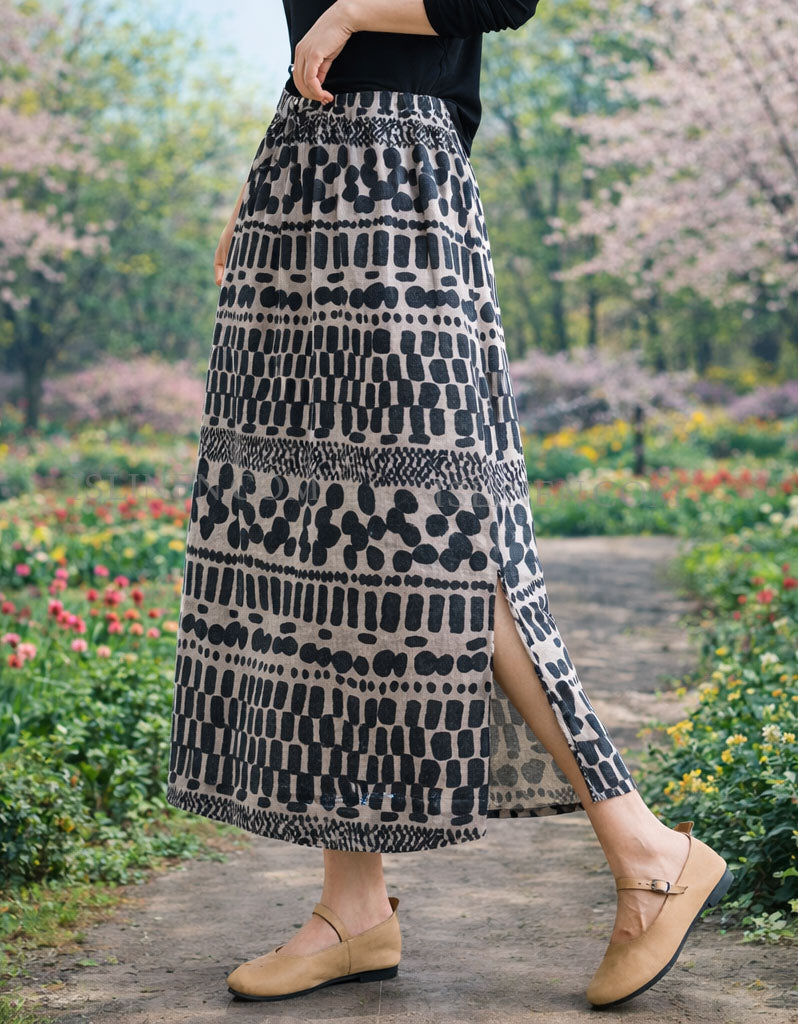 Women’s boho style printed skirt paired with casual shoes