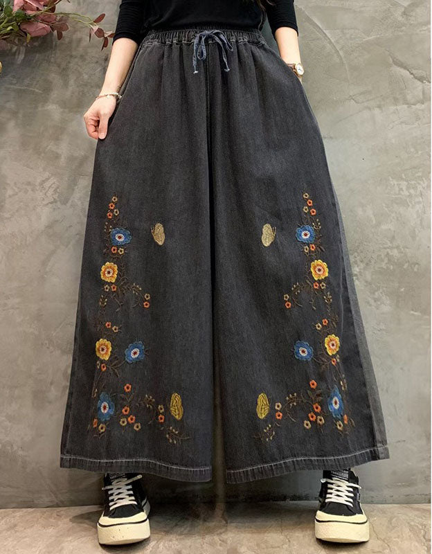 Women's Comfortable Drawstring Waist Embroidered Denim Trousers