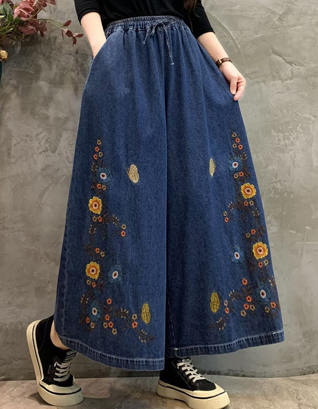 Women's Comfortable Drawstring Waist Embroidered Denim Trousers