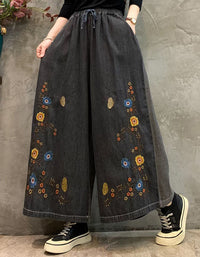 Women's Comfortable Drawstring Waist Embroidered Denim Trousers