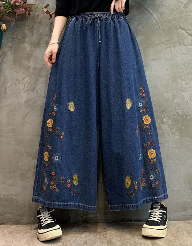 Women's Comfortable Drawstring Waist Embroidered Denim Trousers