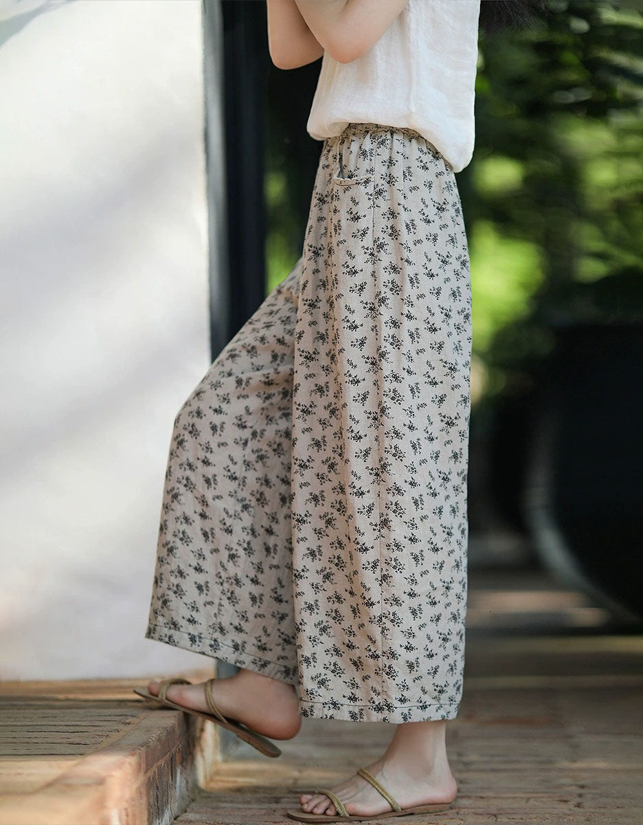 Side view of loose fit floral linen pants for women