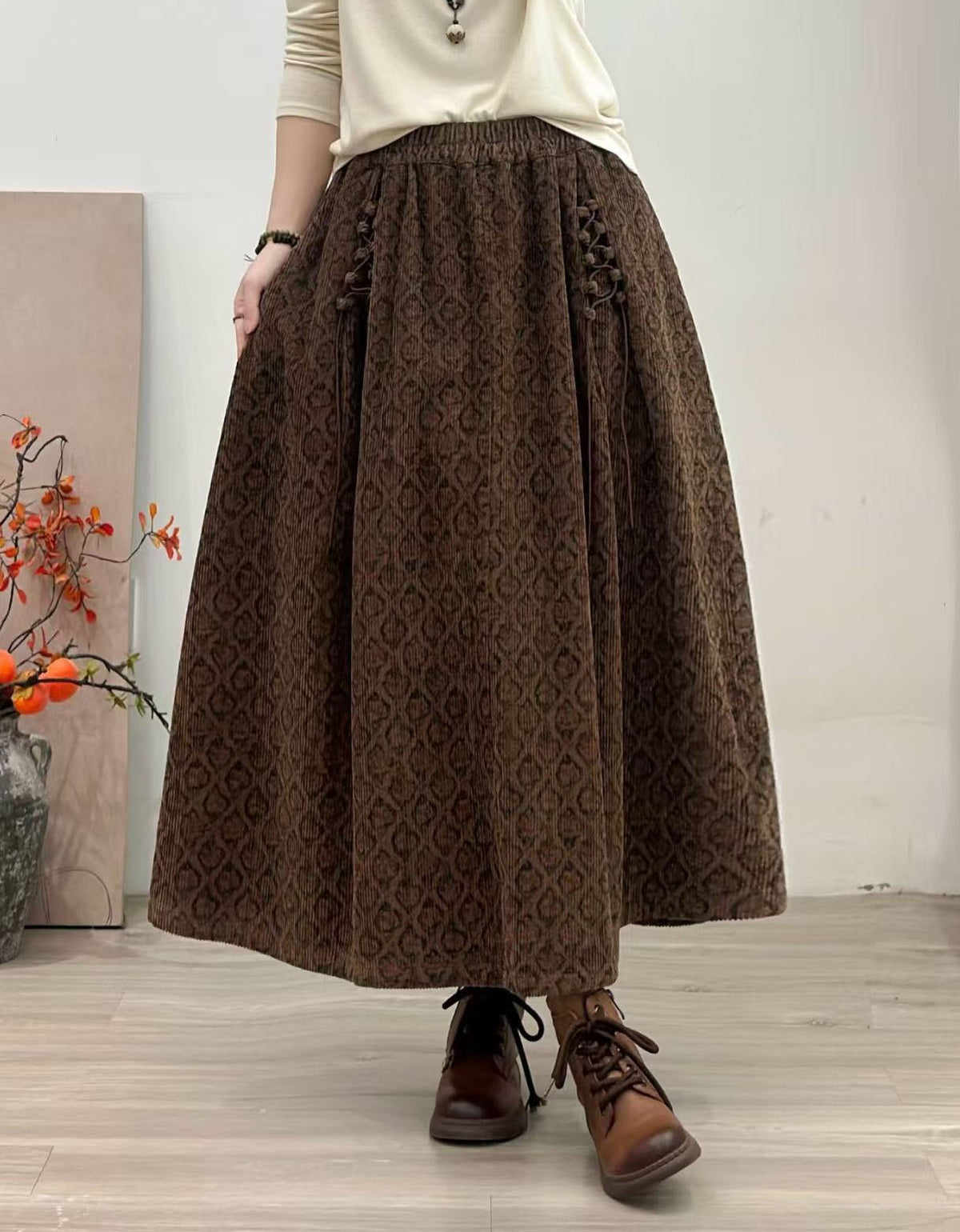 Women's Vintage Black Floral A-Line Maxi Skirt