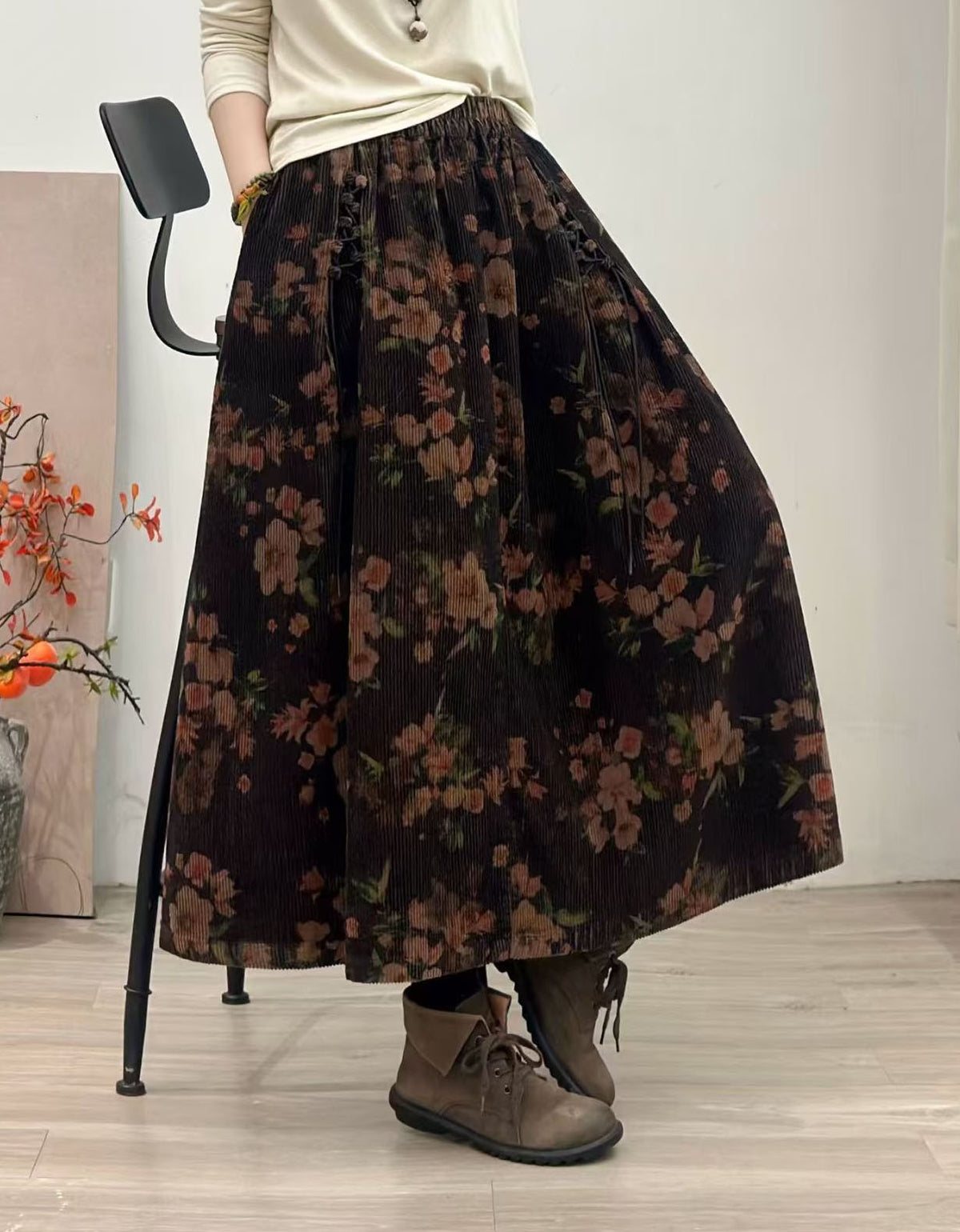 Women's Floral Print Pleated Maxi Skirt - Black