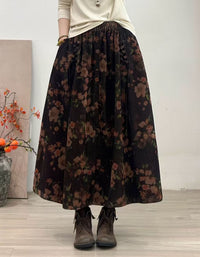 Women's Black Floral Pleated Long Skirt - Vintage Style