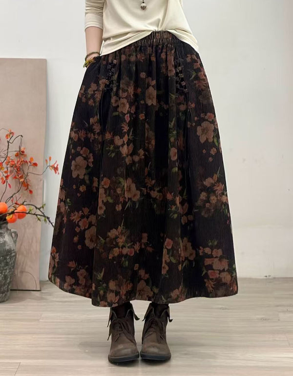 Women's Black Floral Pleated Long Skirt - Vintage Style
