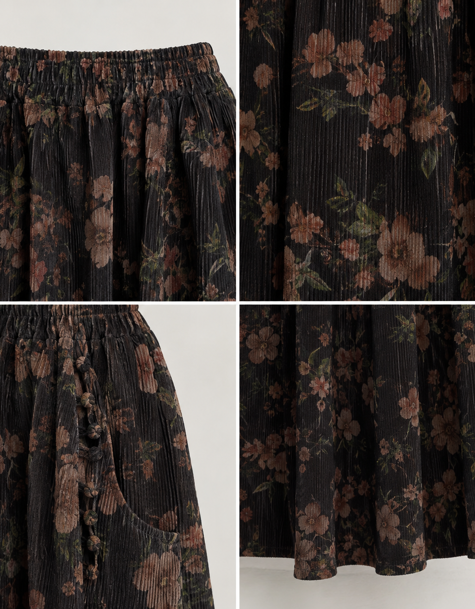 Women's Vintage Floral Pleated Maxi Skirt - Black