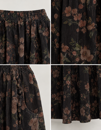 Women's Vintage Floral Pleated Maxi Skirt - Black