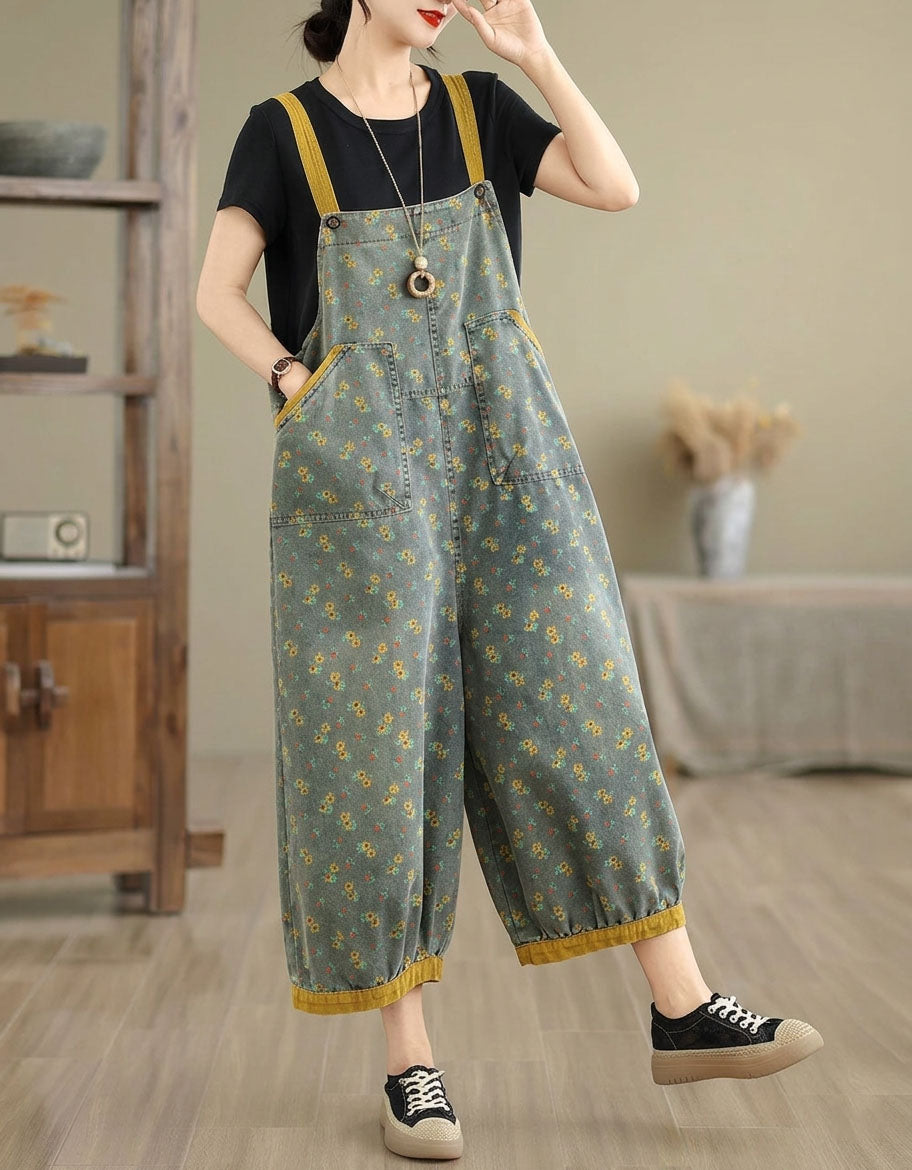 Women's Floral Denim Overall Capri Jumpsuit Casual