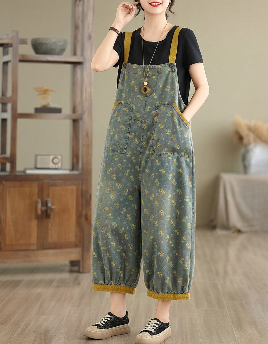 Women's Vintage Floral Denim Bib Overall Jumpsuit