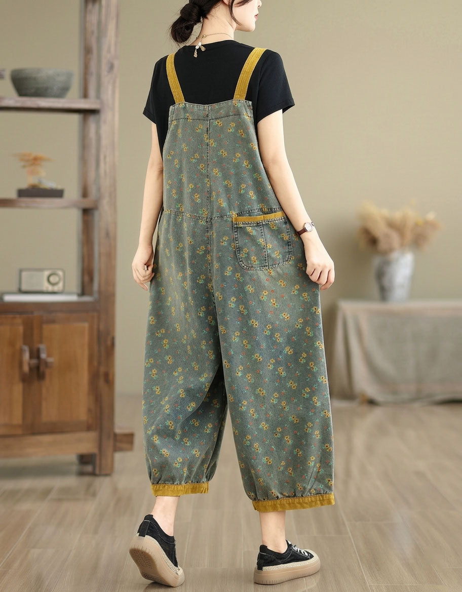 Women's Floral Print Denim Overall Capri Jumpsuit