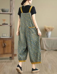 Women's Floral Print Denim Overall Capri Jumpsuit