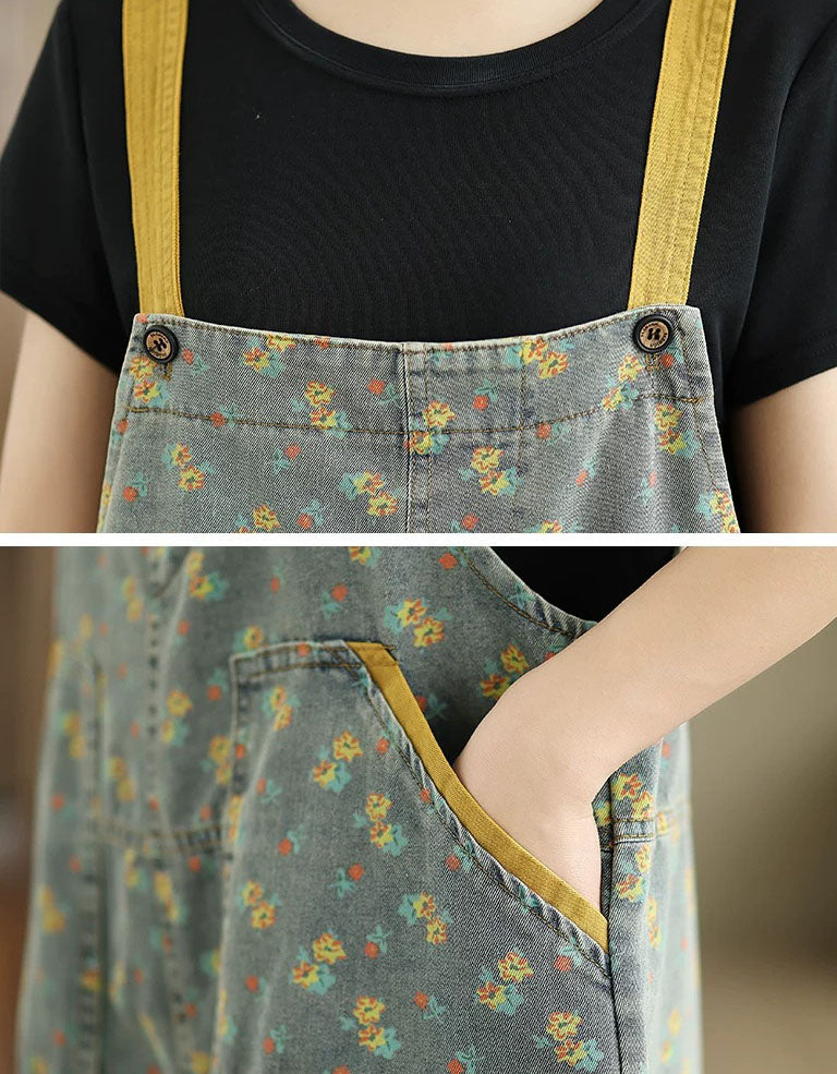 Women's Casual Floral Denim Bib Overall Jumpsuit
