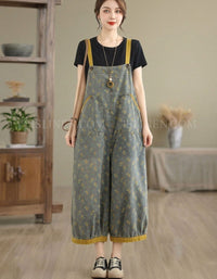 Women's Vintage Floral Denim Overall Capri Jumpsuit