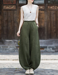 Women's Boho Linen Harem Pants – Relaxed Vintage Wide Leg Trousers
