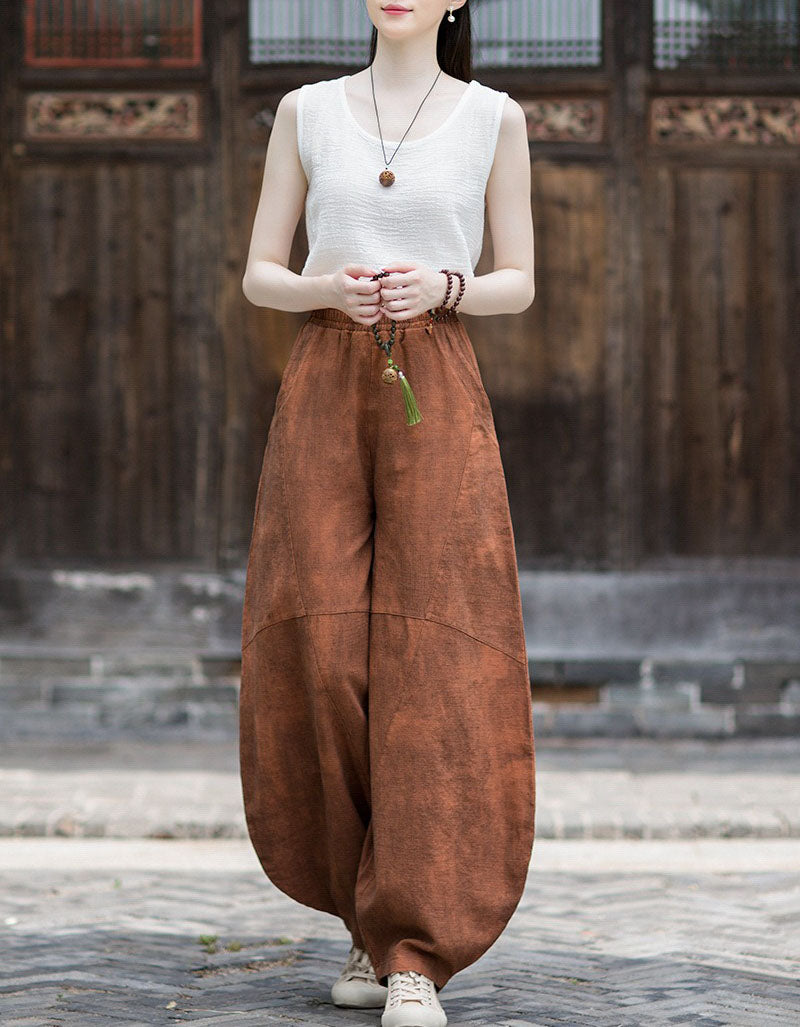 Women's Casual Linen Trousers – Loose Fit Vintage Wide Leg Pants