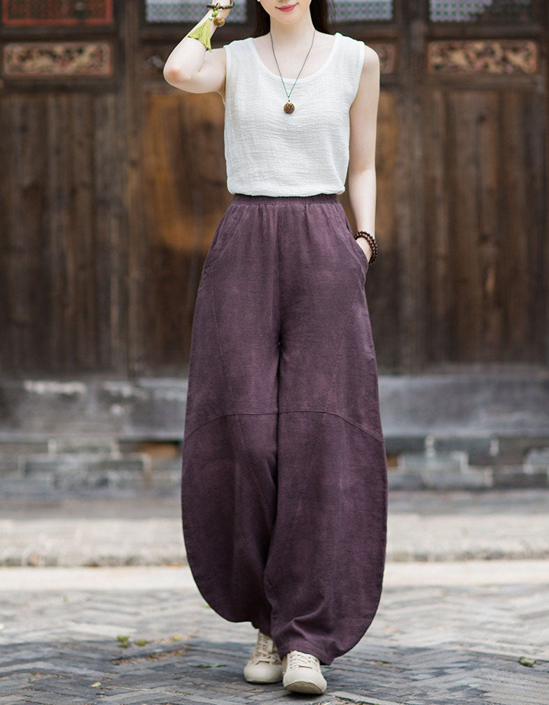 Vintage Linen Pants for Women – Relaxed Harem Style Wide Leg Trousers
