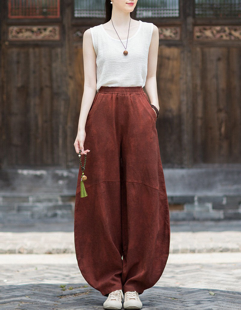 Women's Wide Leg Linen Pants – Vintage Relaxed Fit Harem Trousers