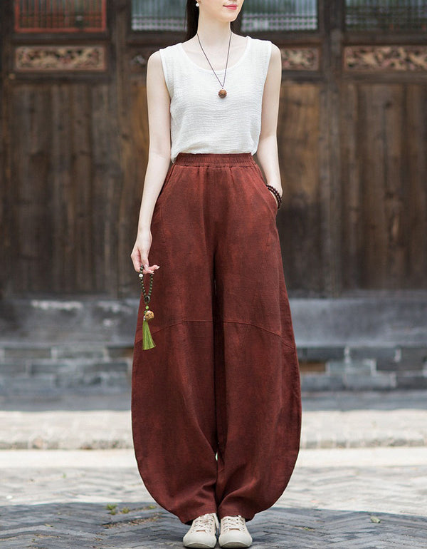 Women's Wide Leg Linen Pants – Vintage Relaxed Fit Harem Trousers