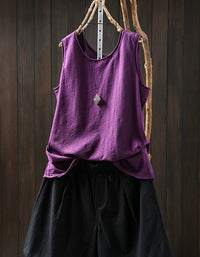 Loose Fit Purple Linen Sleeveless Casual Summer Top