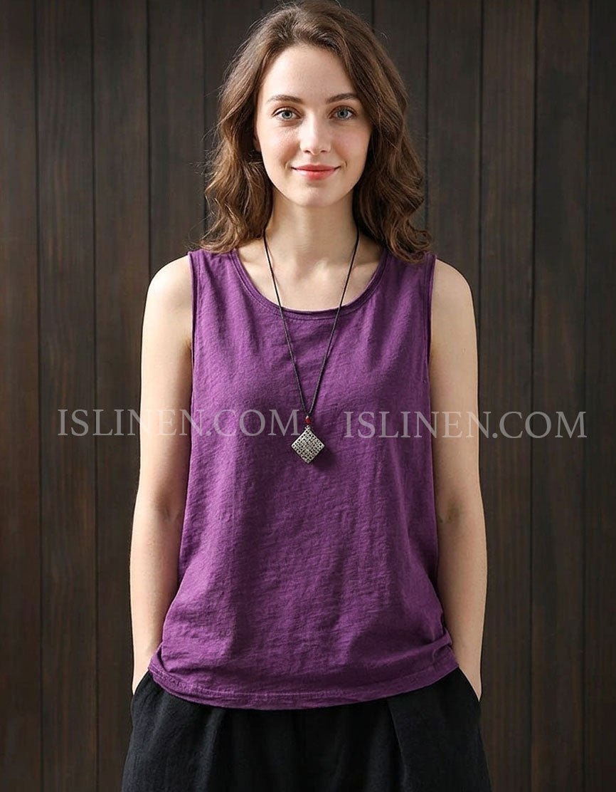 Women's Purple Linen Sleeveless Tank Top Casual Blouse