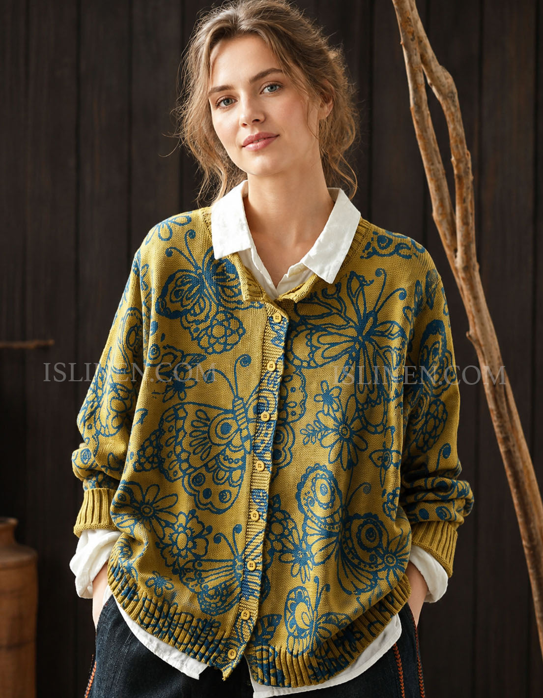 Women's Vintage Floral Cardigan – Mustard Blue Pattern Knit Sweater