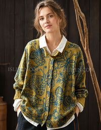 Women's Vintage Floral Cardigan – Mustard Blue Pattern Knit Sweater